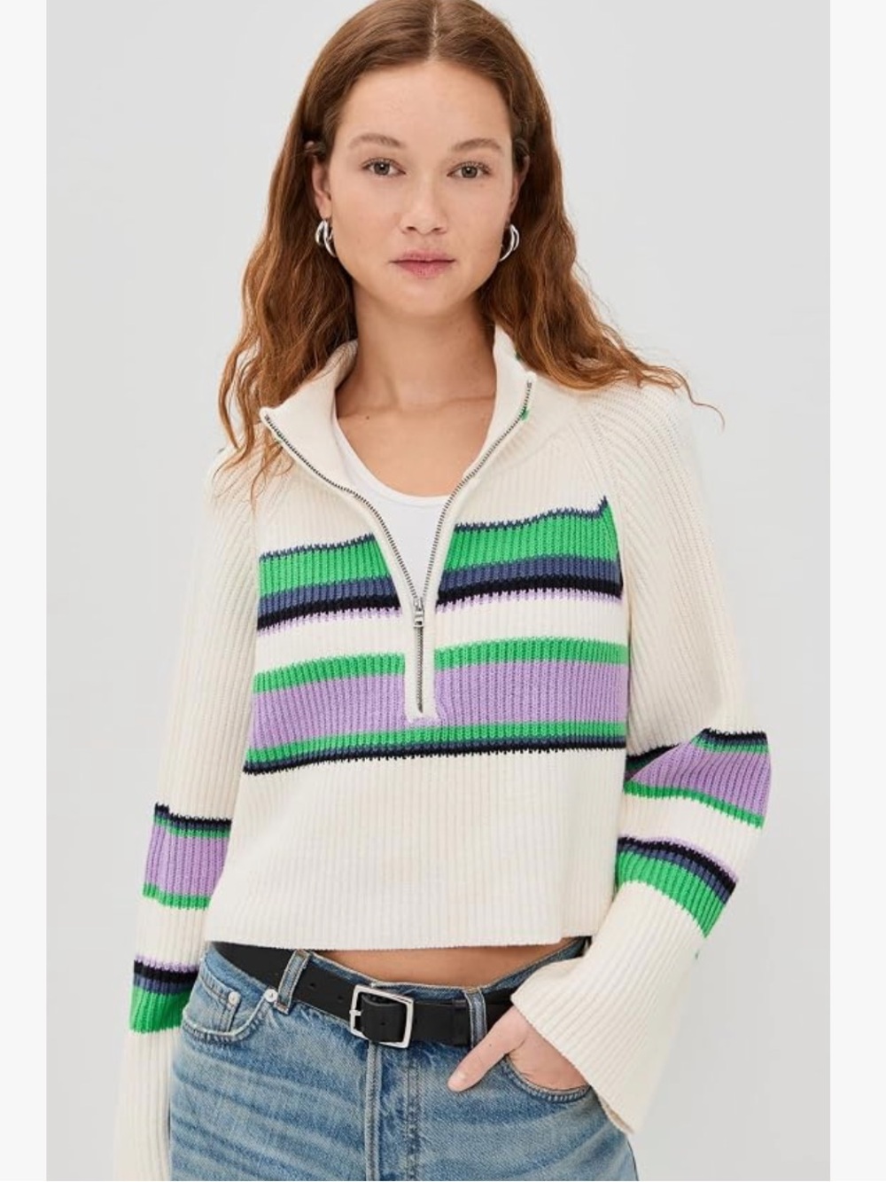 Free People Greta Cropped Cream Half-Zip Sweater in Sugar Swirl Combo